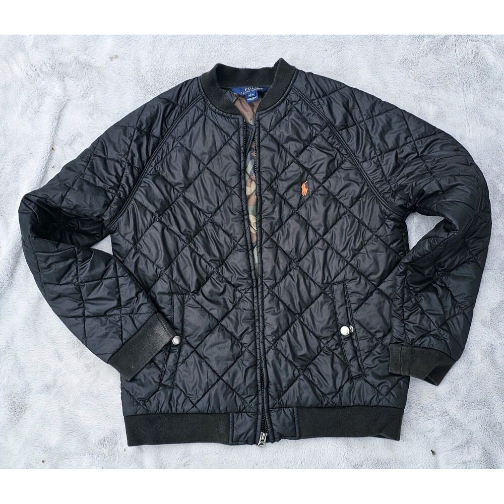 Polo Ralph Lauren Quilted Bomber Jacket Boys L 14-16 Black Camo Lining Pony